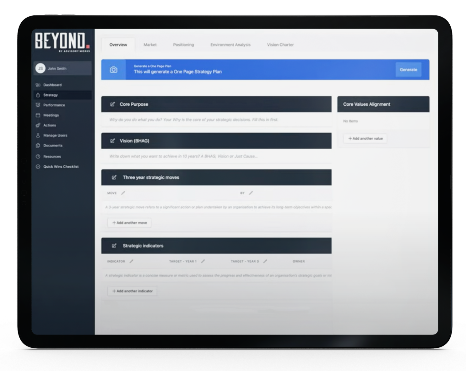 Beyond software strategy dashboard displayed on an ipad